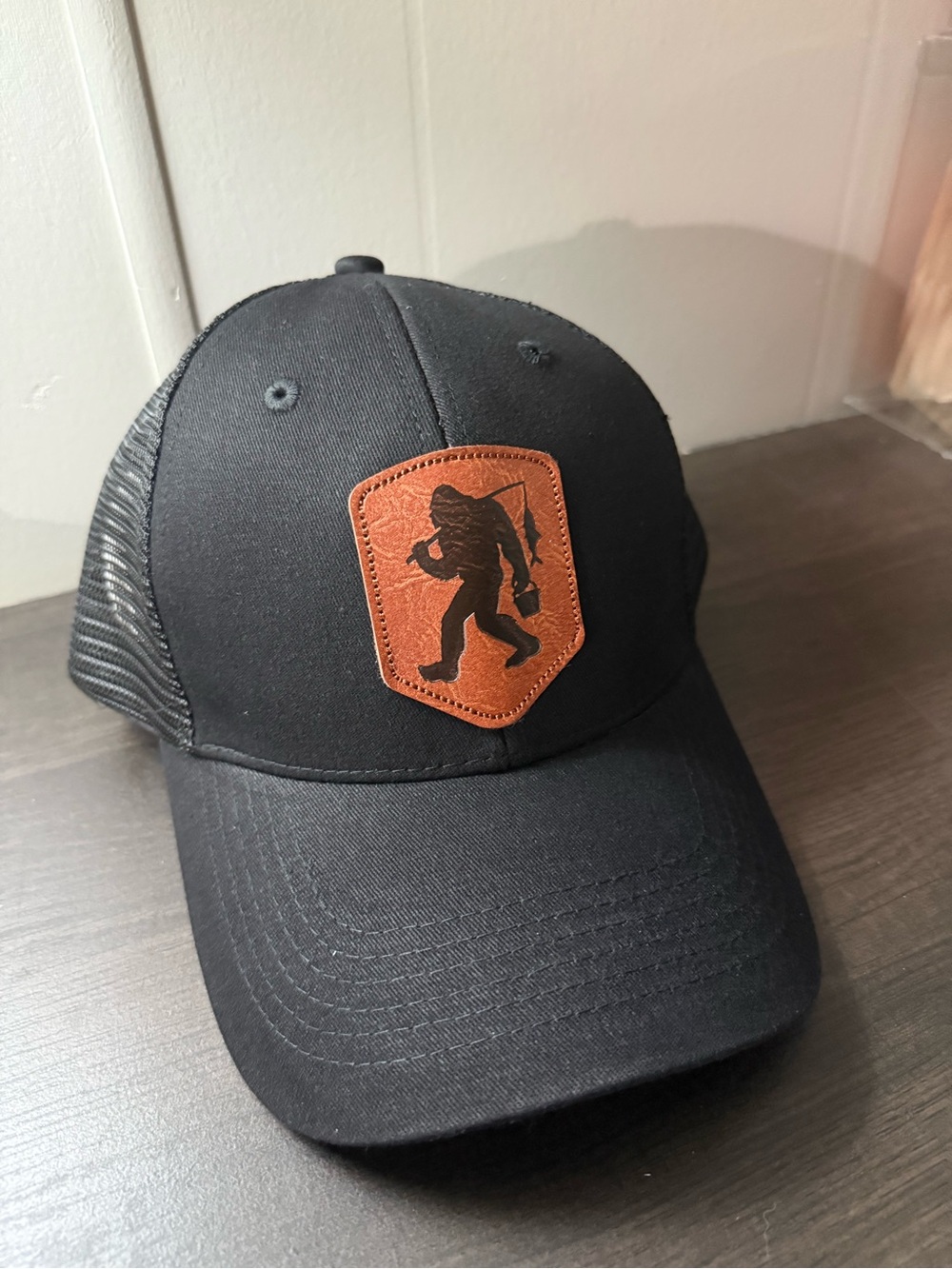Black Trucker Hat with Brown Leather Patch - Unbranded